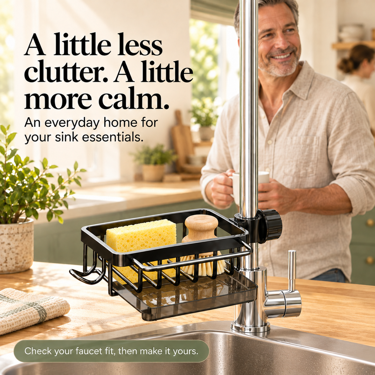 Man in a warm kitchen with the caddy mounted on the upright faucet stem