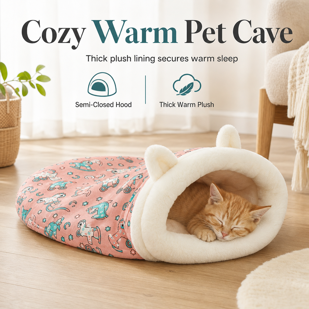 🔥Last Day 50% OFF – 🐱Cozy Warm Hooded Pet Cave Bed - Semi-Enclosed Winter Cat Sleeping Bag
