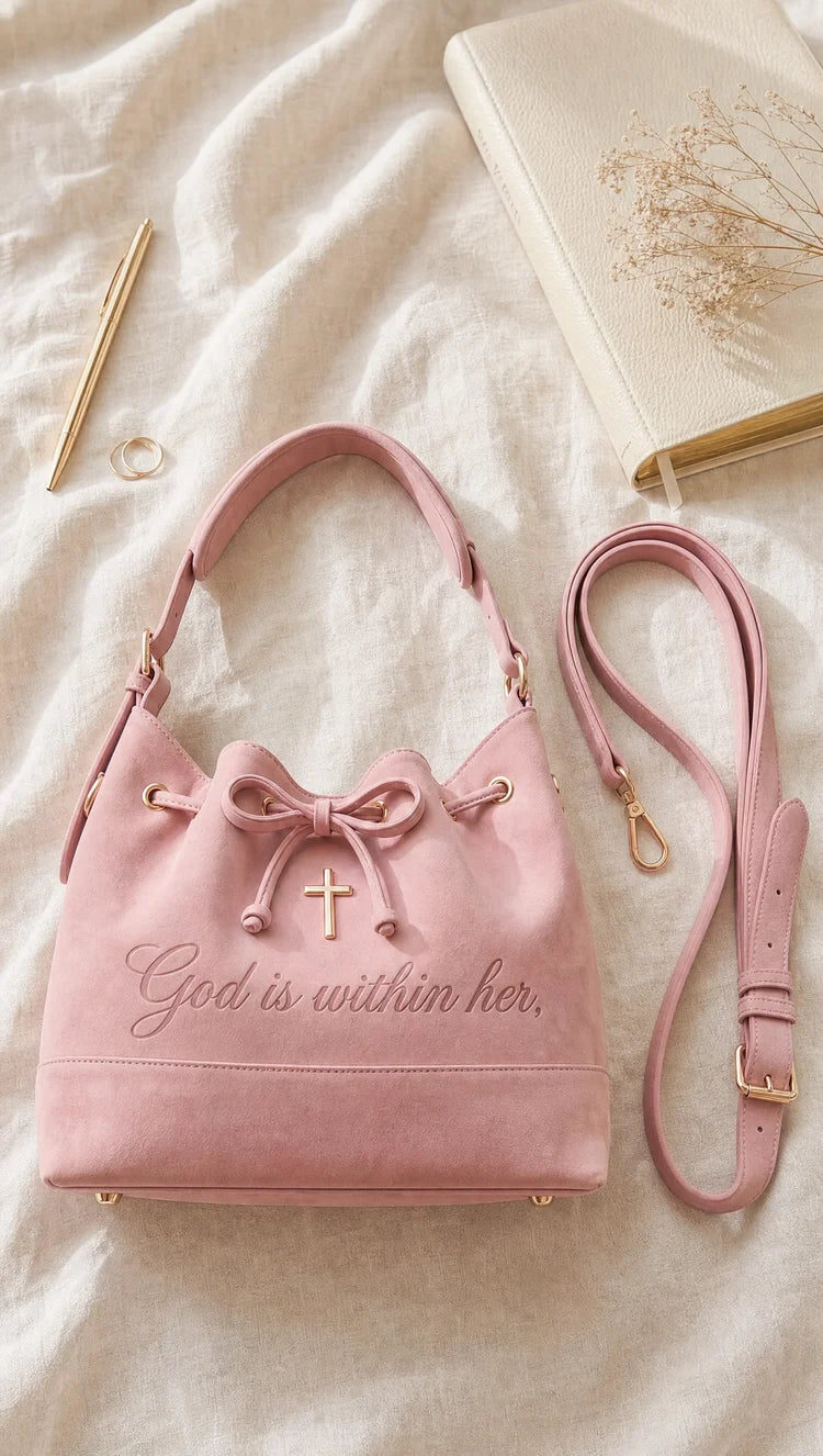Psalm 46 Faith Suede Bucket Bag – Bible & 14-Inch Laptop Tote with Hidden Verses, Cross Charm & Organizer Pockets