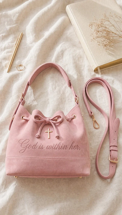 Psalm 46 Faith Suede Bucket Bag – Bible & 14-Inch Laptop Tote with Hidden Verses, Cross Charm & Organizer Pockets