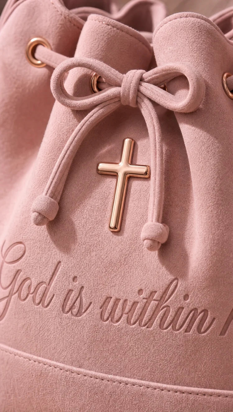 Psalm 46 Faith Suede Bucket Bag – Bible & 14-Inch Laptop Tote with Hidden Verses, Cross Charm & Organizer Pockets