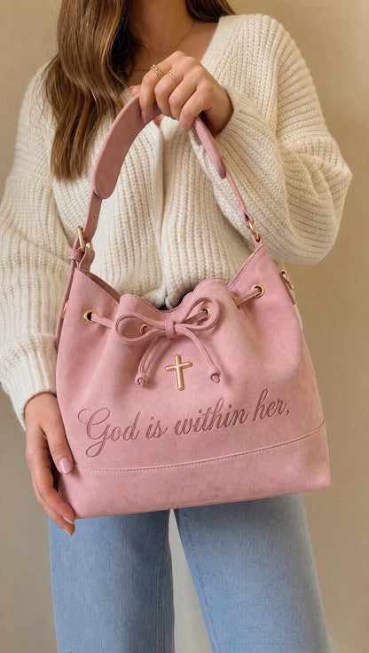 Psalm 46 Faith Suede Bucket Bag – Bible & 14-Inch Laptop Tote with Hidden Verses, Cross Charm & Organizer Pockets