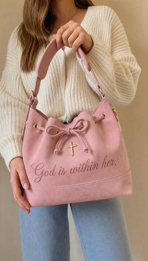 Psalm 46 Faith Suede Bucket Bag – Bible & 14-Inch Laptop Tote with Hidden Verses, Cross Charm & Organizer Pockets