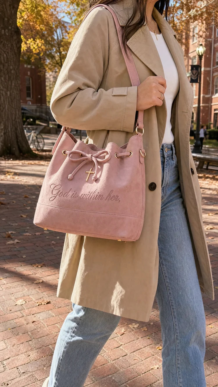 Psalm 46 Faith Suede Bucket Bag – Bible & 14-Inch Laptop Tote with Hidden Verses, Cross Charm & Organizer Pockets