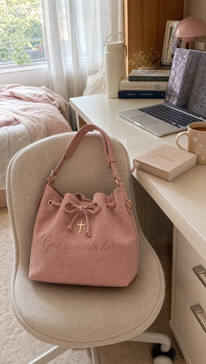 Psalm 46 Faith Suede Bucket Bag – Bible & 14-Inch Laptop Tote with Hidden Verses, Cross Charm & Organizer Pockets